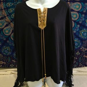 New Directions Weekend Black Fringed Poncho Style Shirt, Size Lg